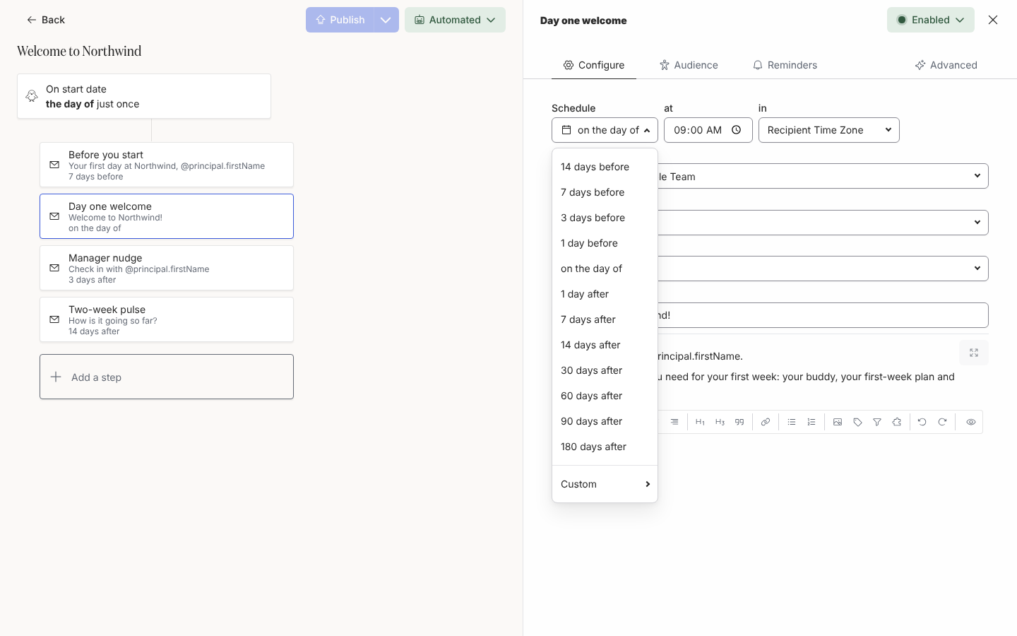 The Schedule menu open on a step, listing 14 days before through 180 days after, then Custom.