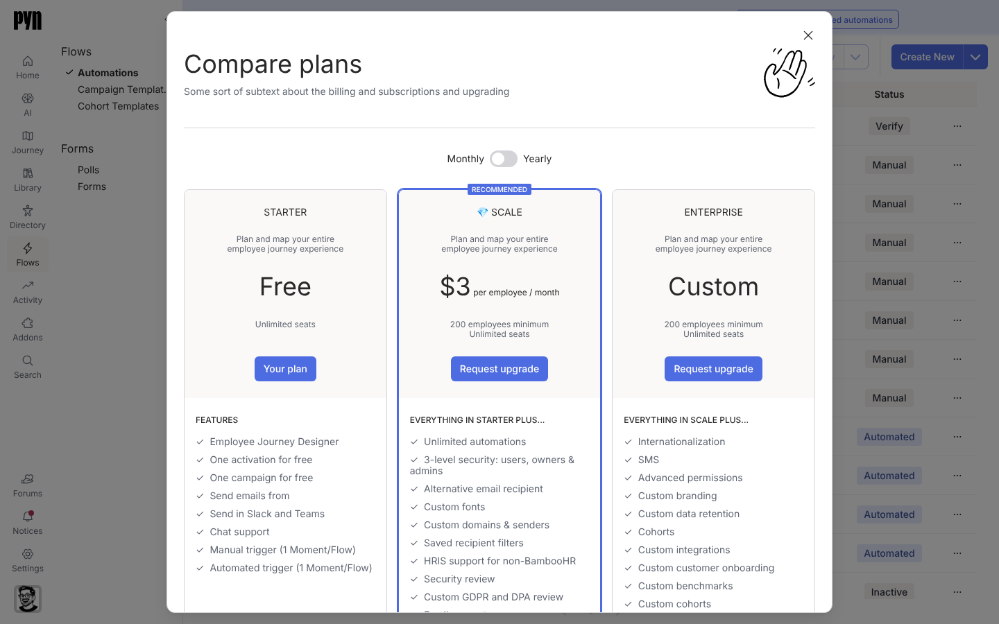 The Compare plans dialog with a Monthly and Yearly switch and the columns STARTER, Scale and Enterprise.