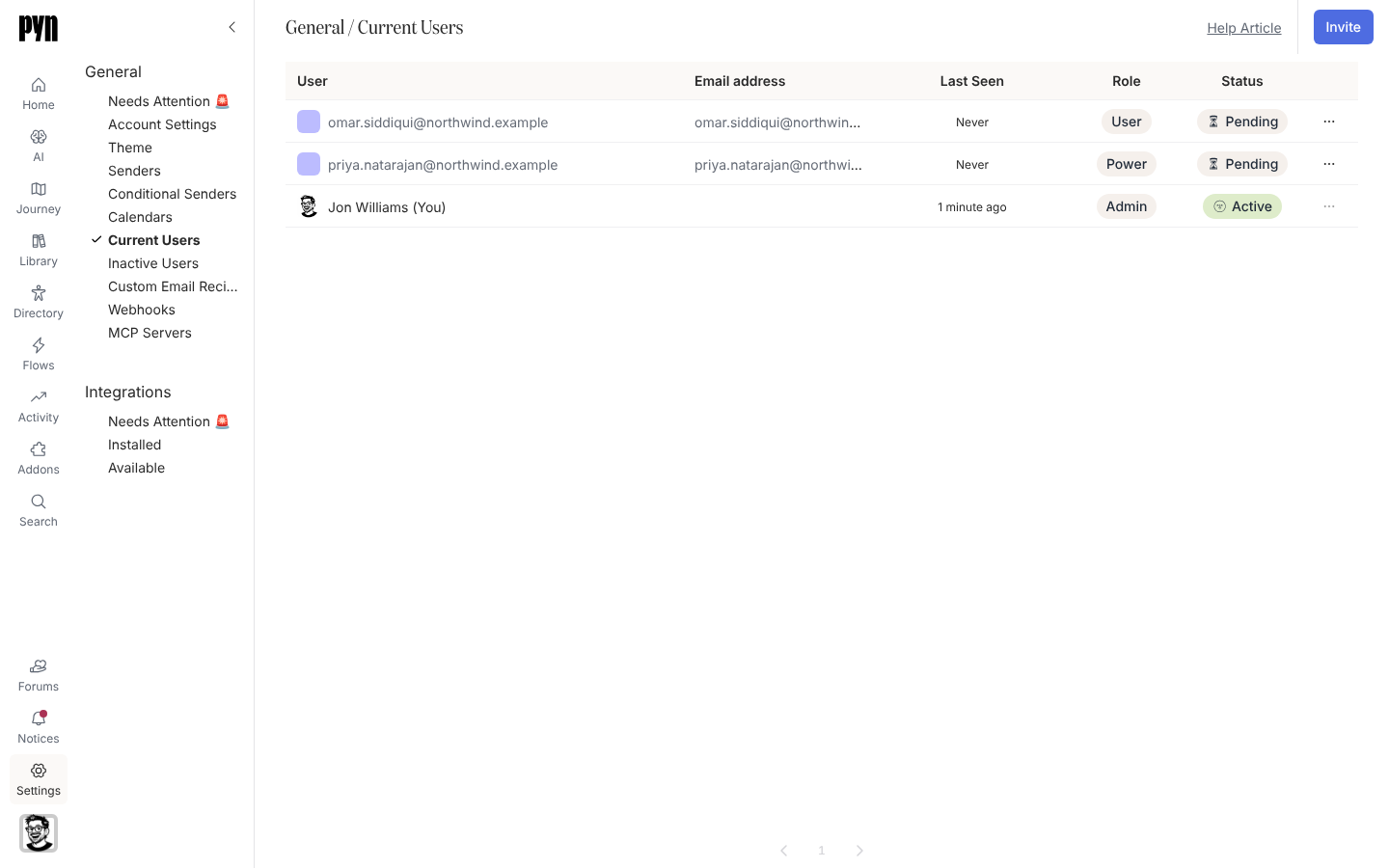 Settings, General, Current Users: a table of users with the columns User, Email address, Last Seen, Role and Status, and an Invite button.