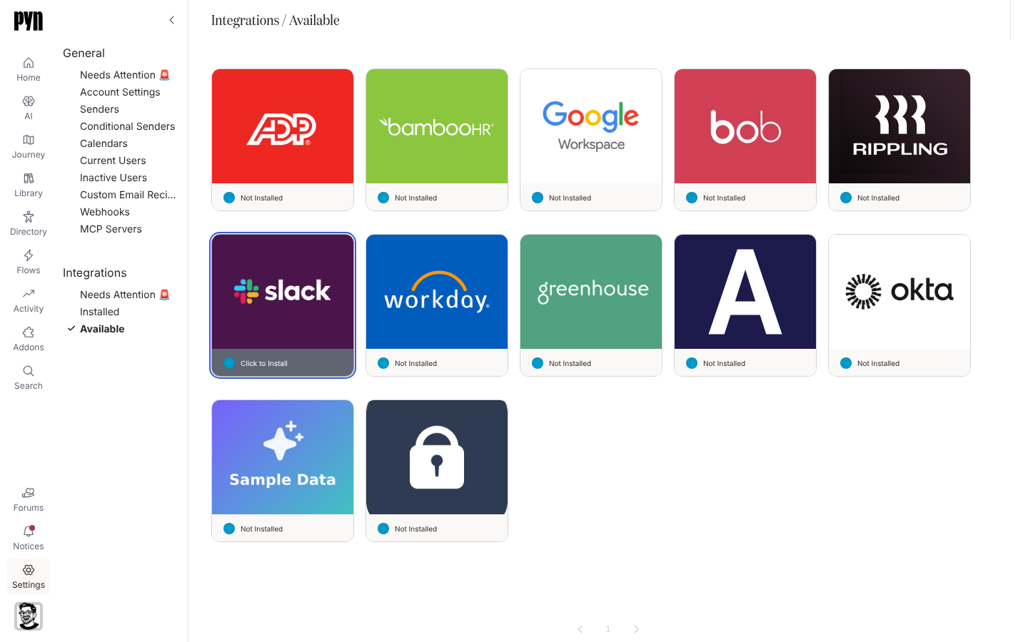 Settings, Integrations, Available: a gallery of integration tiles with the Slack tile hovered and showing Click to Install.