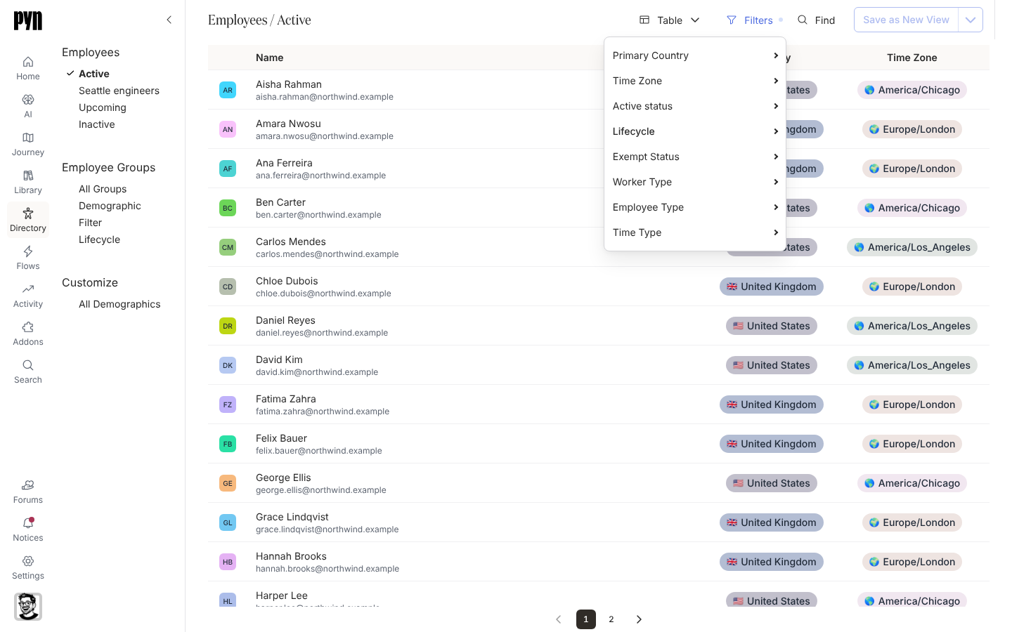 The Employees table with the Filters menu open, listing one submenu per filterable property.