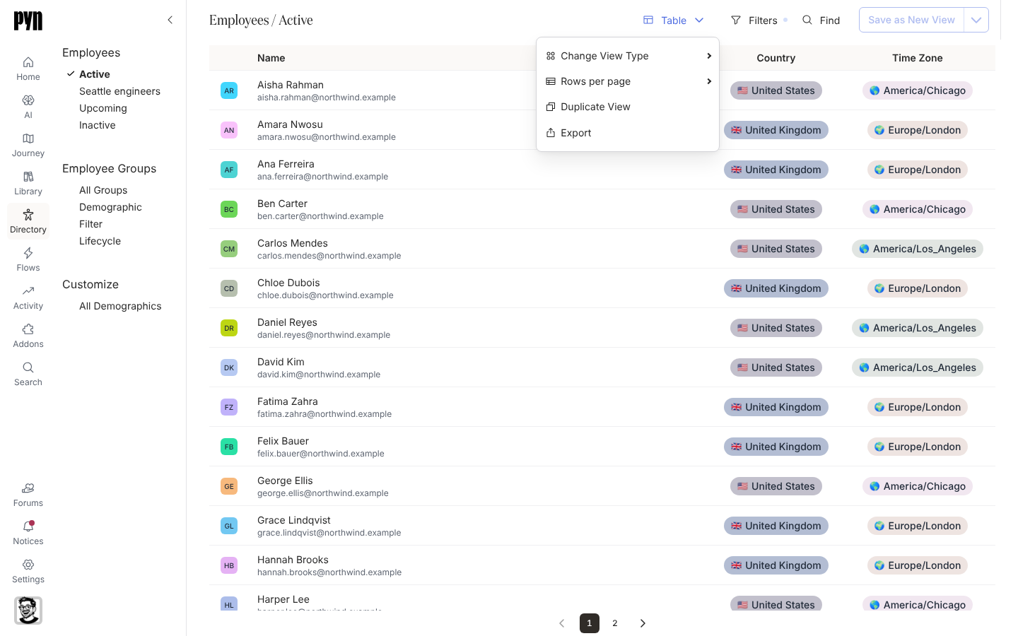 The view menu open on the Employees table, listing Change View Type, Rows per page, Duplicate View and Export.