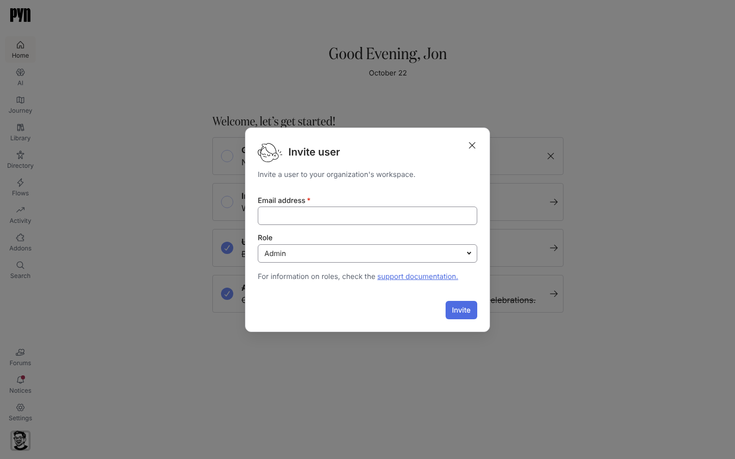 The Invite user dialog open over Home, with an Email address field, a Role select showing Admin and an Invite button.