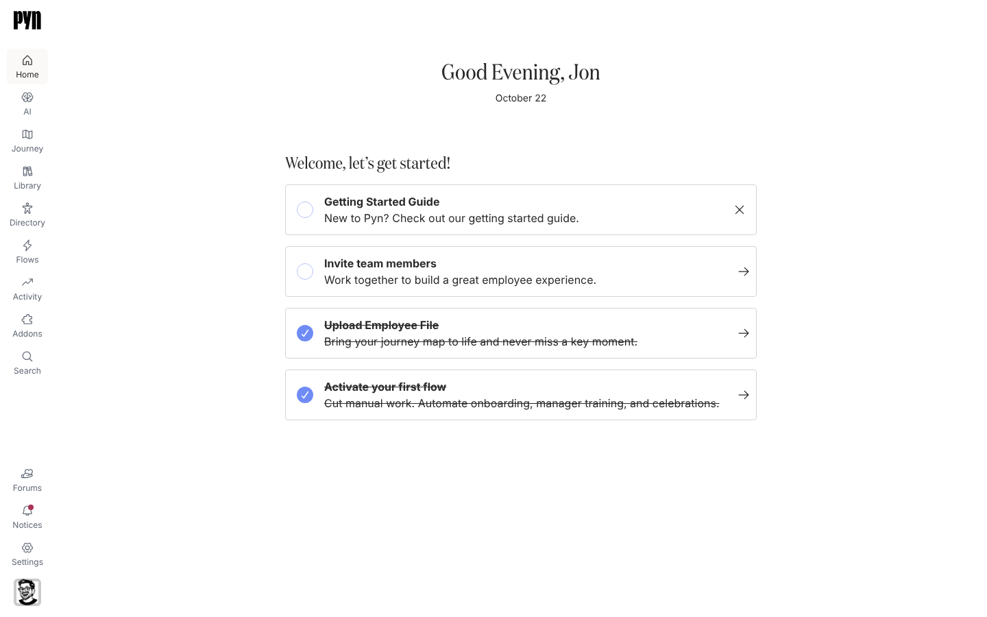 The Home page with a greeting, the date and a Getting Started checklist of setup steps.