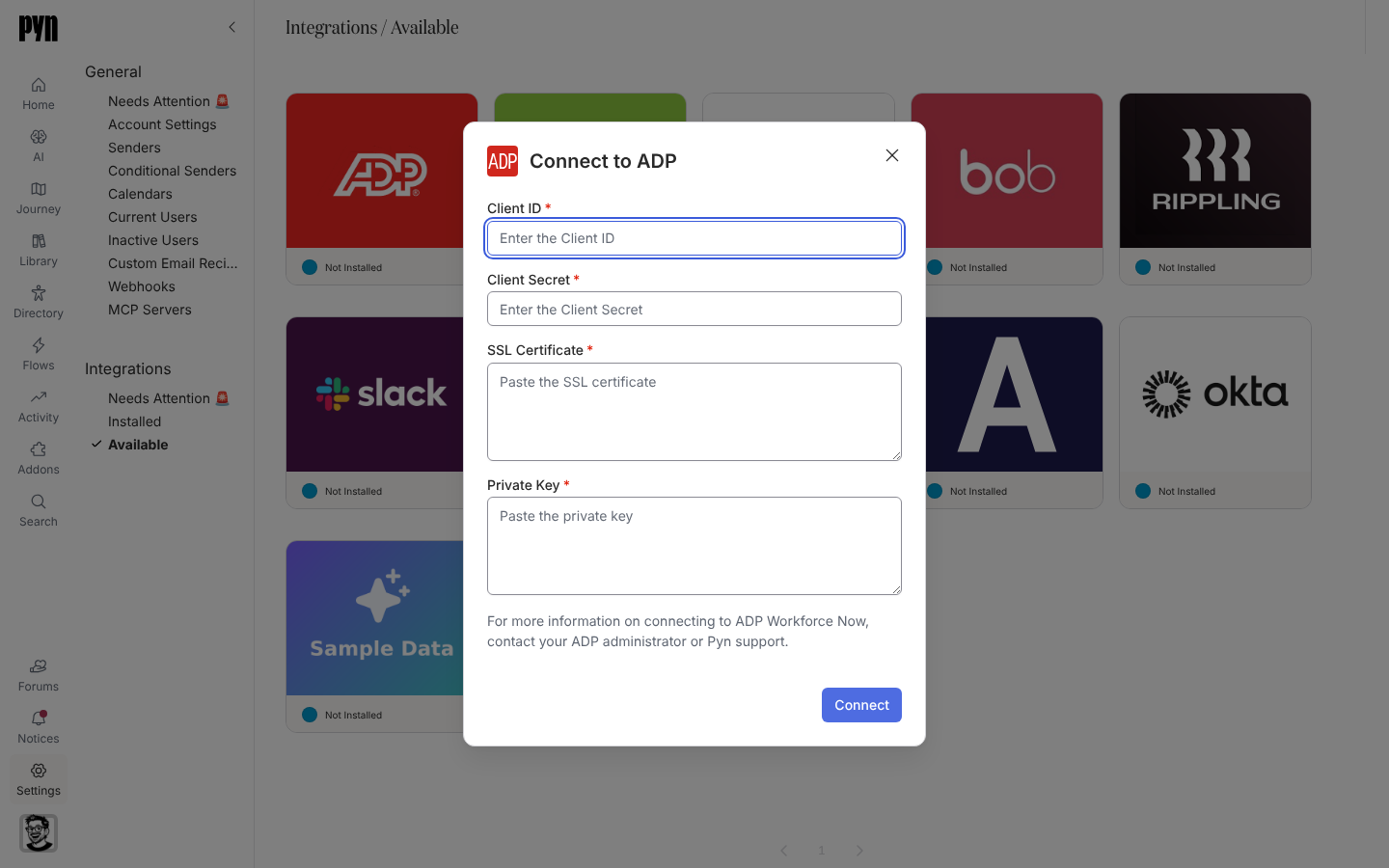 The Connect to ADP dialog with its four credential fields.