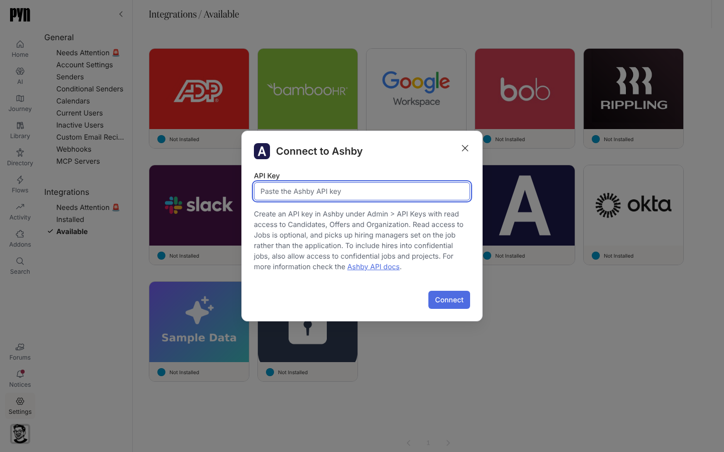 The Connect to Ashby dialog with the API Key field and the note on required read access.