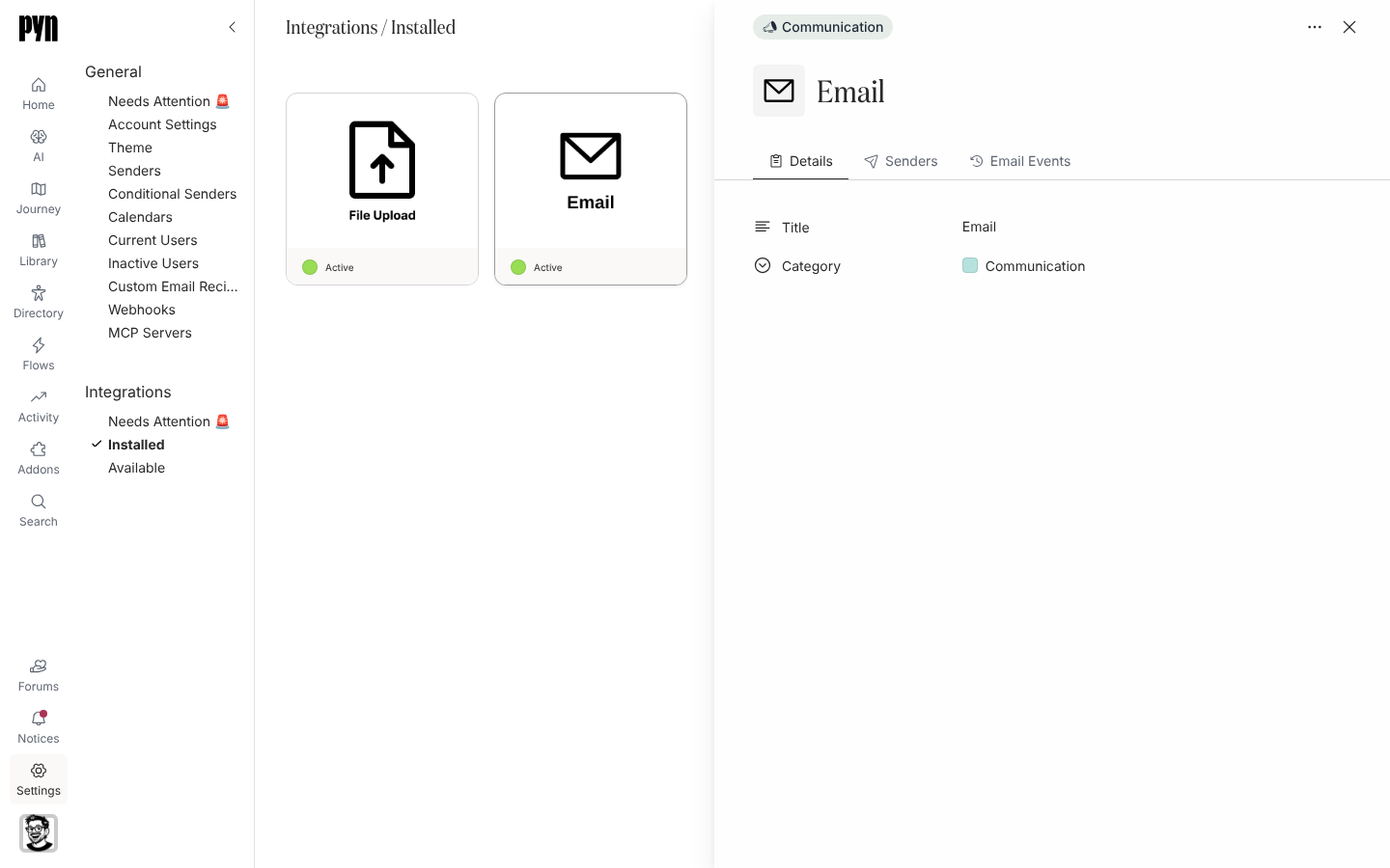 The Email integration panel open on the right of the Installed view.