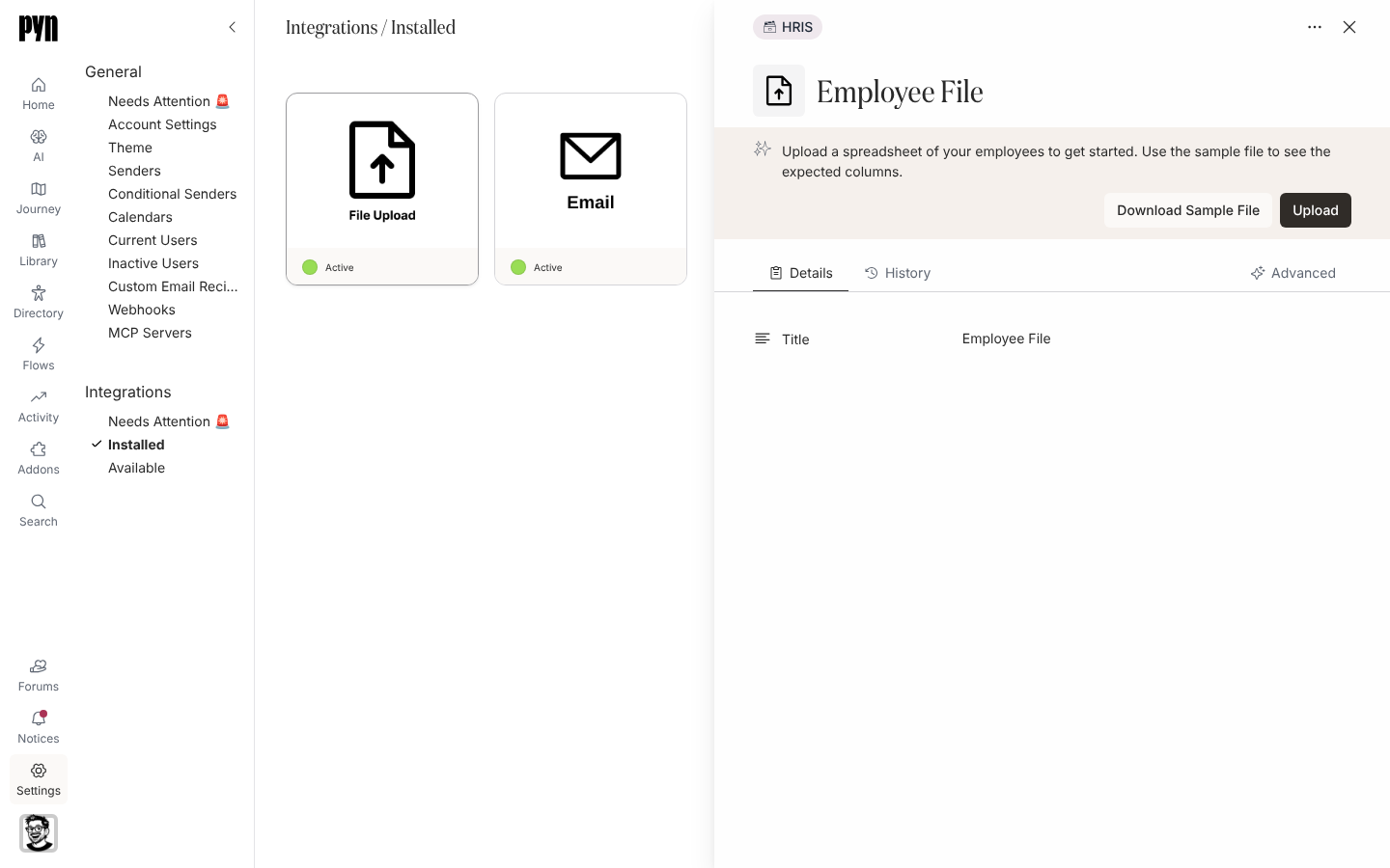 The Installed view with the Employee File panel open, showing Download Sample File and Upload.