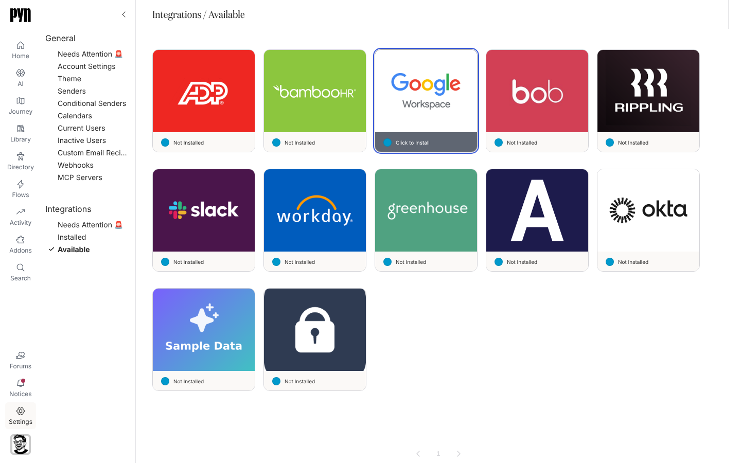 The Available gallery with the Google Workspace tile highlighted.