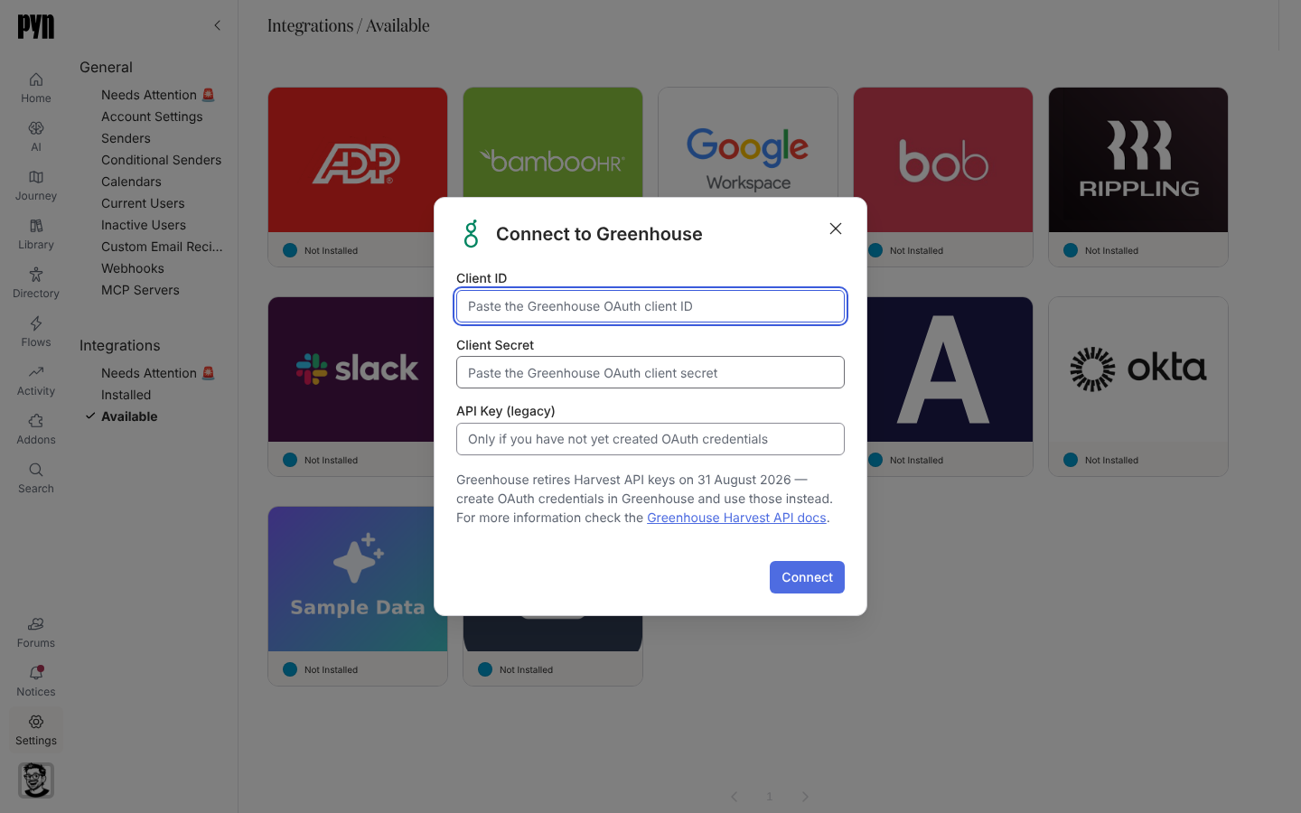 The Connect to Greenhouse dialog with Client ID, Client Secret and API Key (legacy) fields.