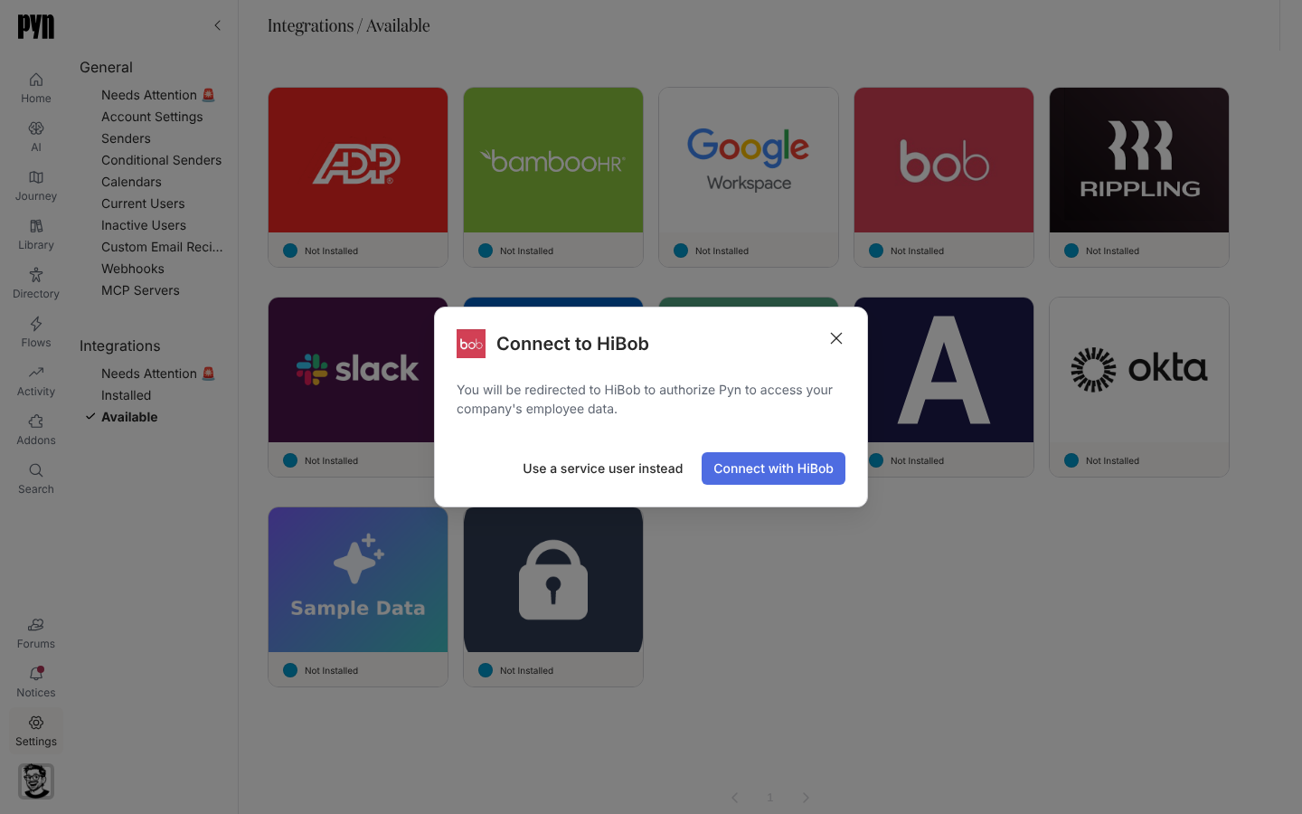 The Connect to HiBob dialog with the Connect with HiBob button and the Use a service user instead option.
