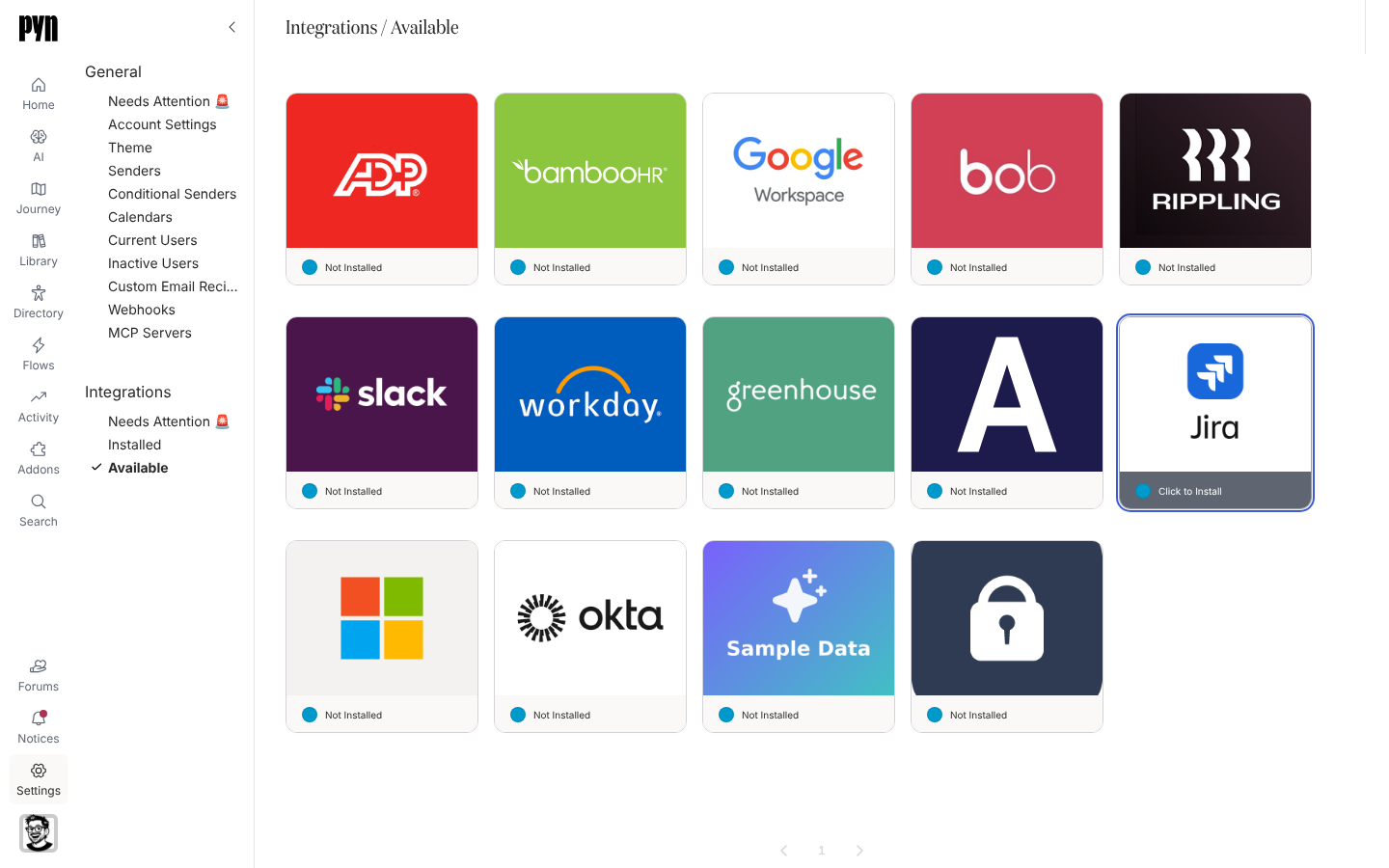 The Available gallery with the Jira tile highlighted.