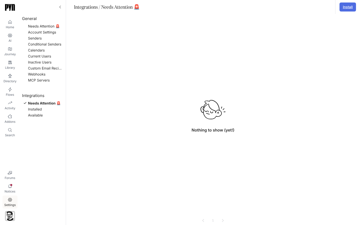 The empty Needs Attention view under Integrations.