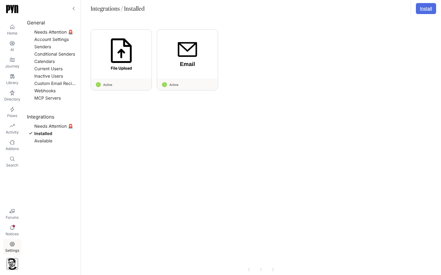 The Installed integrations gallery showing the File Upload and Email tiles as Active.