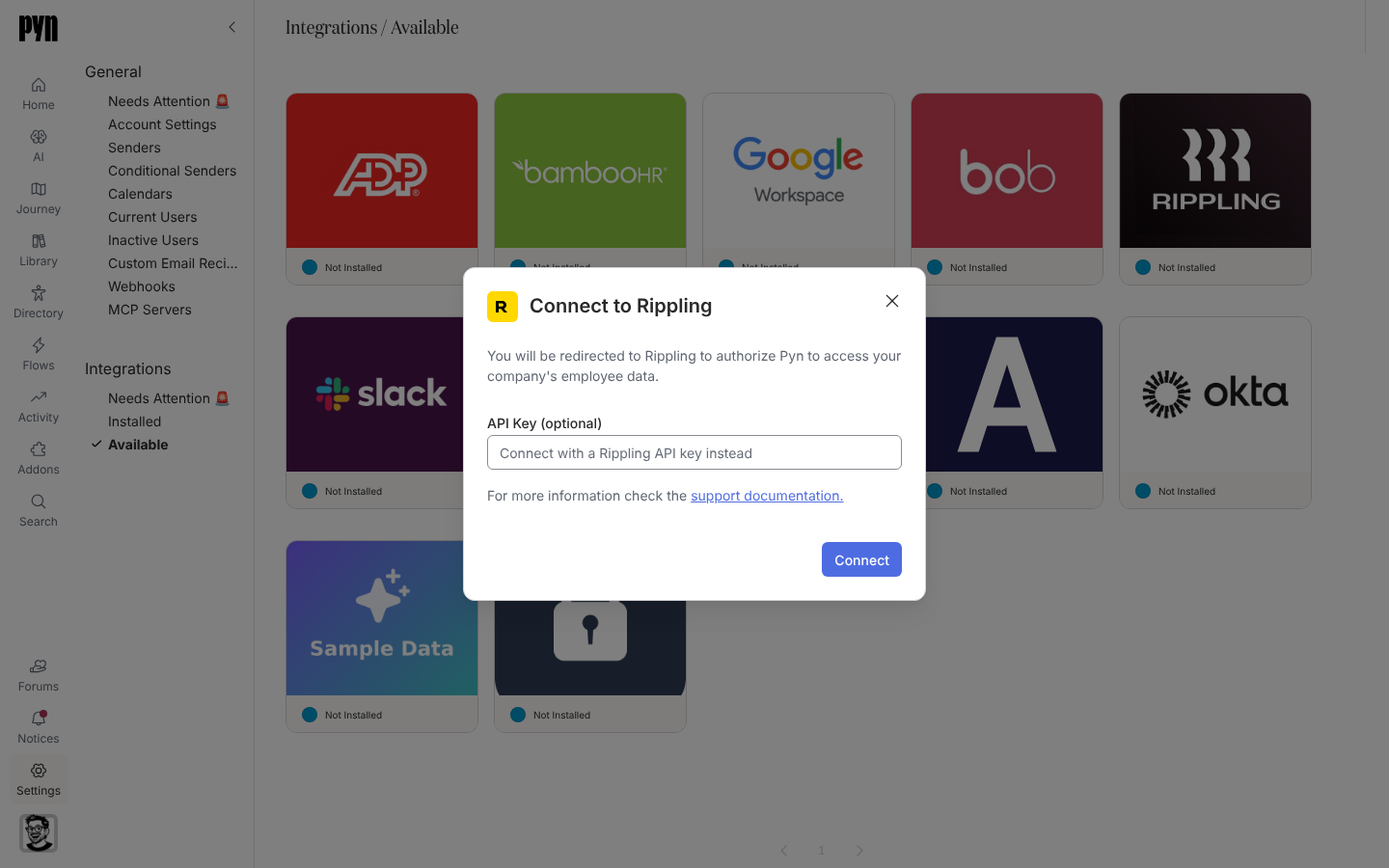 The Connect to Rippling dialog with the optional API Key field.