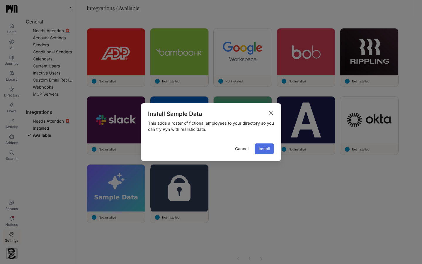The Install Sample Data dialog with its explanation and Install button.