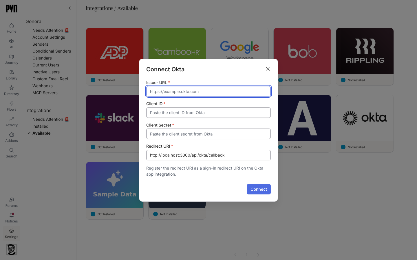The Connect Okta dialog with its four fields.