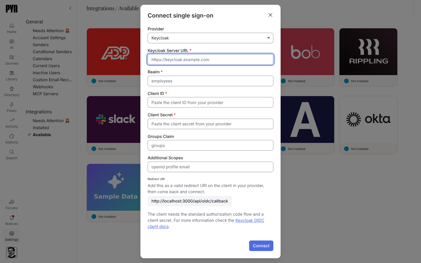 The Connect single sign-on dialog with the Provider select and credential fields.