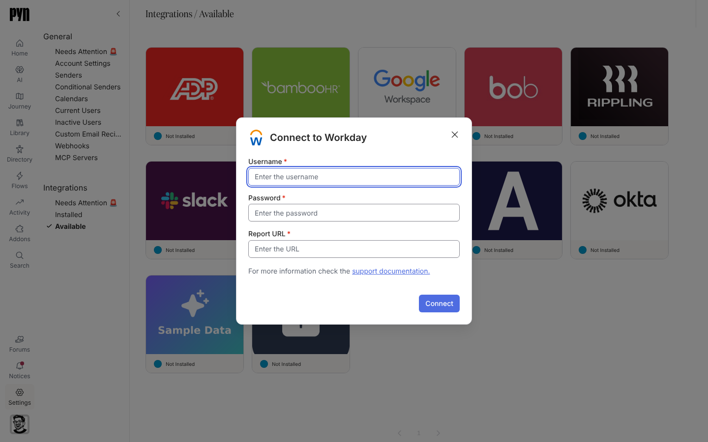 The Connect to Workday dialog with Username, Password and Report URL fields.