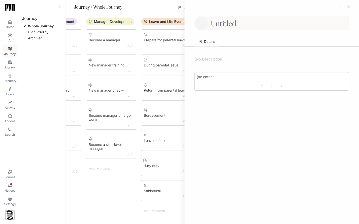 The panel for a new category, headed Untitled, open on the right of the board with a Details tab, a (No Description) placeholder and an empty list of moments.
