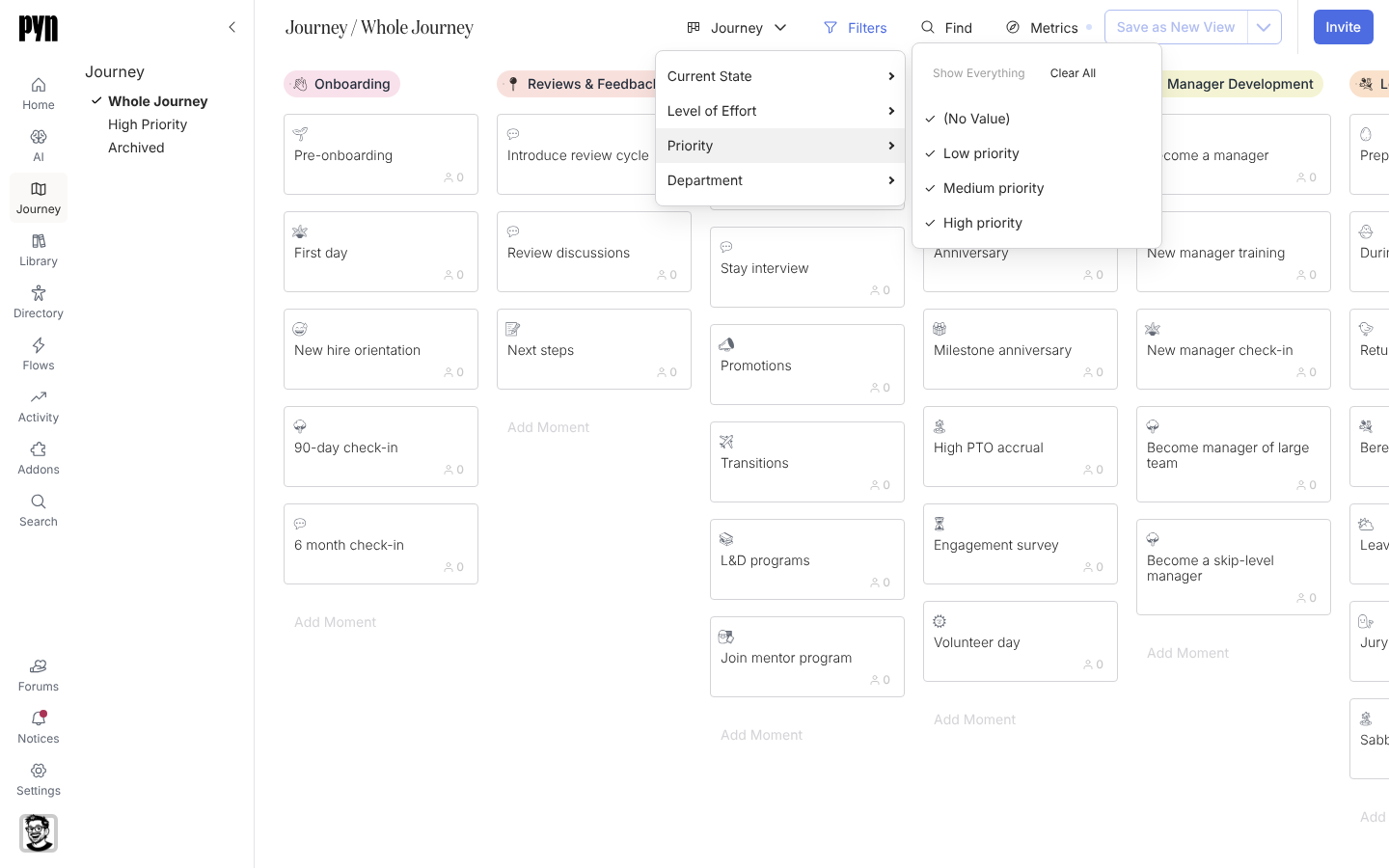 The Filters menu open above the Journey board with the Priority submenu showing Low priority, Medium priority, High priority and (No Value).