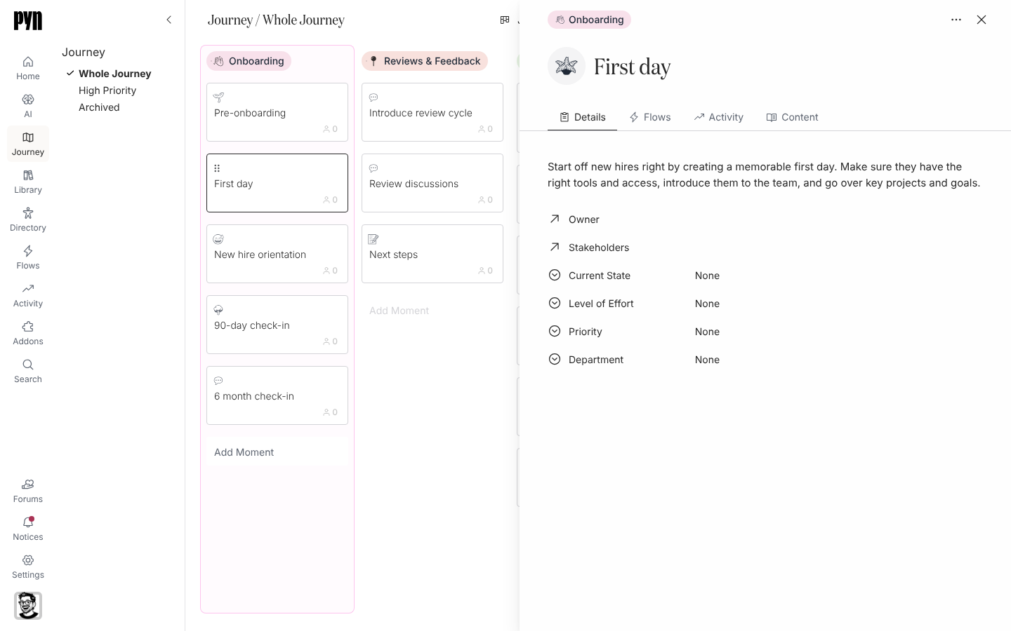 The First day moment open in the right-hand panel on its Details tab, showing Current State, Level of Effort, Priority, Department, Owner and Stakeholders.