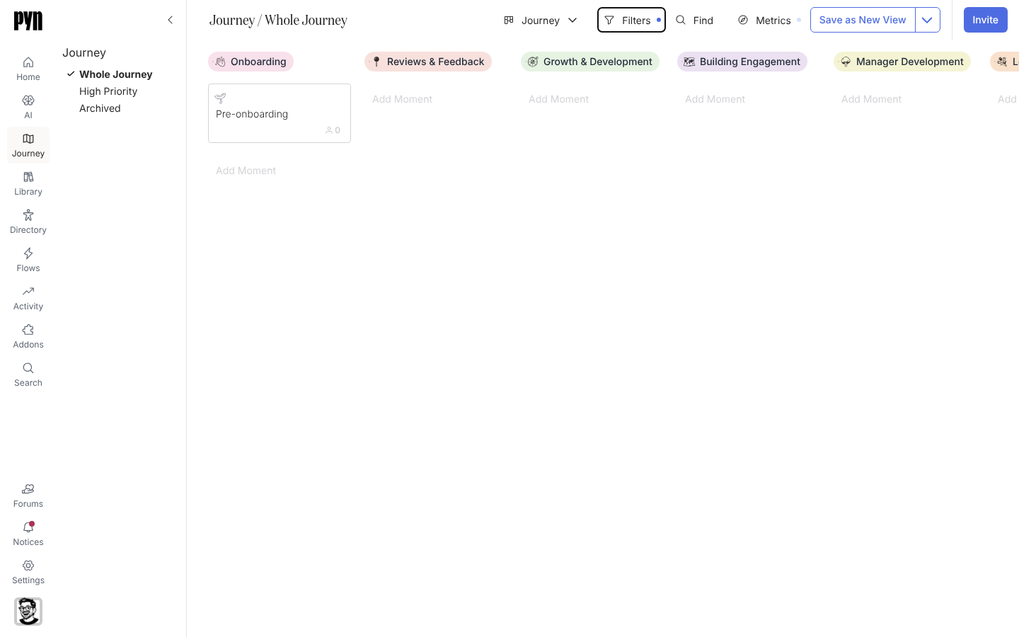 The Journey board filtered to high-priority moments that are not covered yet, with the Save as New View button active.
