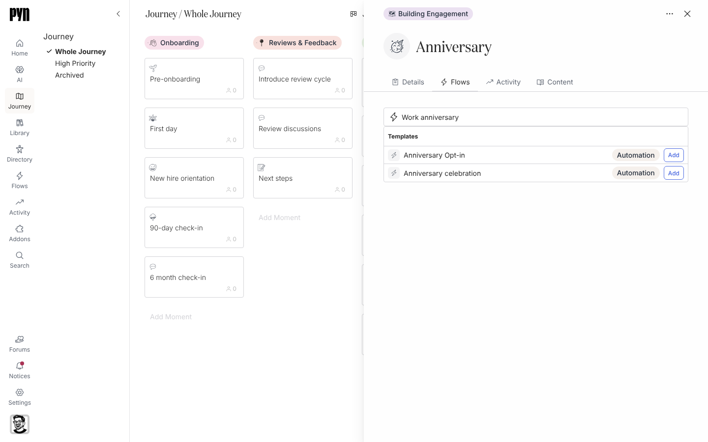 The Anniversary moment's Flows tab with a Templates section listing Anniversary Opt-in and Anniversary celebration, each an Automation with an Add button.