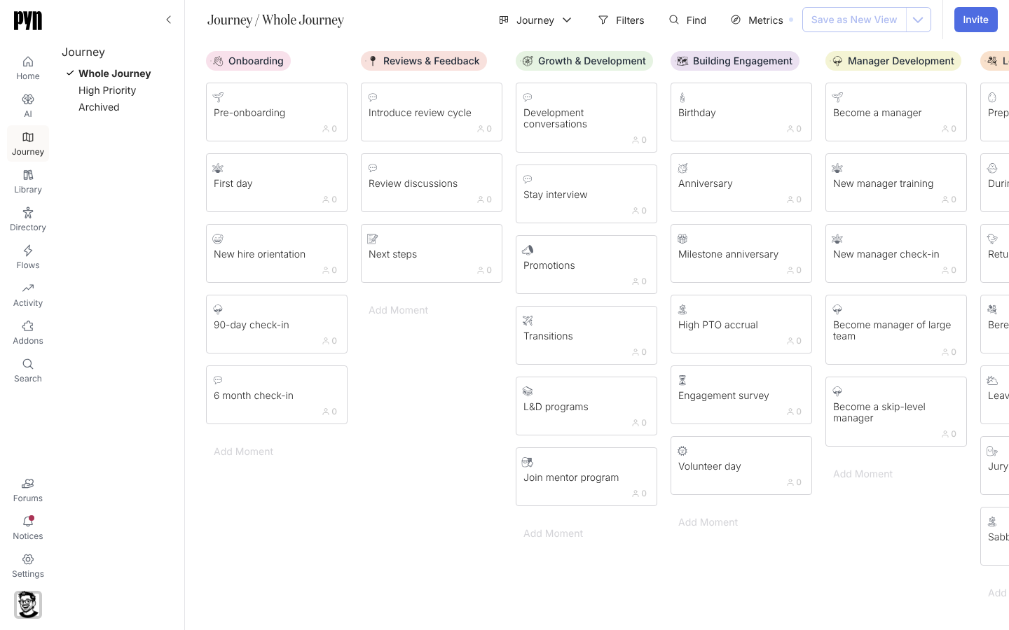 The Whole Journey board with columns such as Onboarding, Reviews & Feedback and Growth & Development, each holding moment cards.