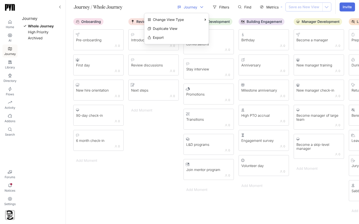 The view-type menu open above the board with Change View Type, Duplicate View and Export.