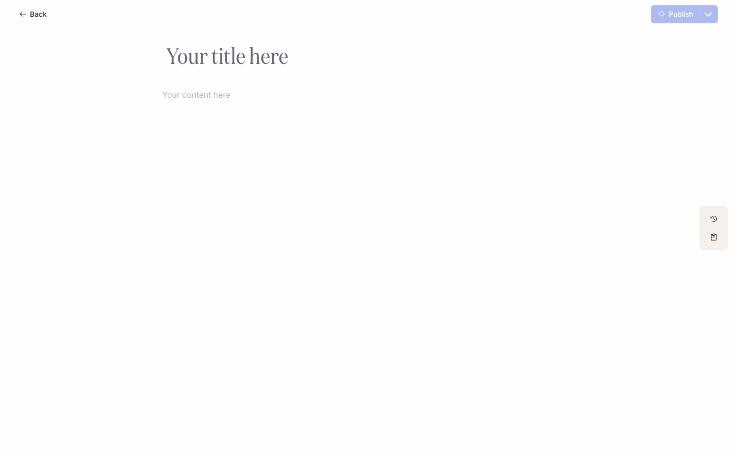 The content editor for a new piece, showing the Your title here and Your content here prompts, the Publish button and the History and Details rail.