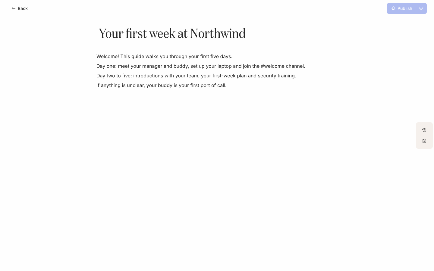 The content editor showing the Your first week at Northwind guide with its Publish button.