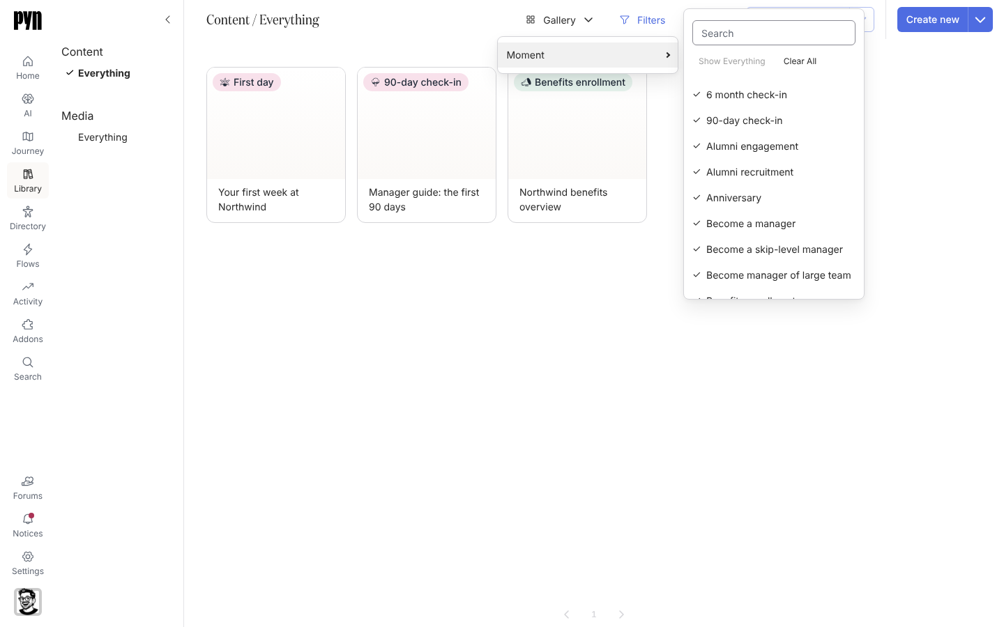 The Filters menu on the Content view with the Moment submenu open, listing Journey moments with a search box above them.