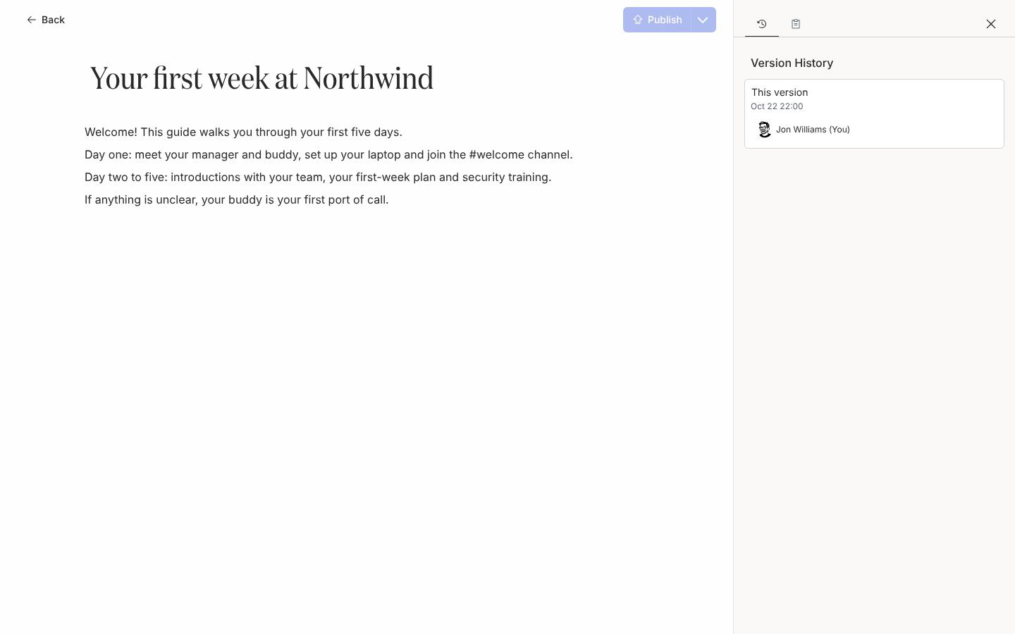The content editor with the History drawer open, listing the published versions of Your first week at Northwind with times and publishers.