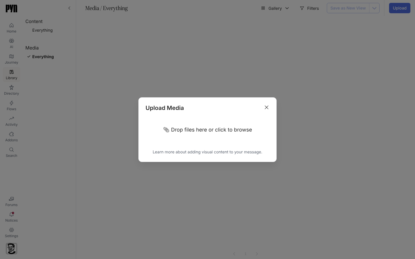 The Upload Media dialog with its drop zone reading Drop files here or click to browse.
