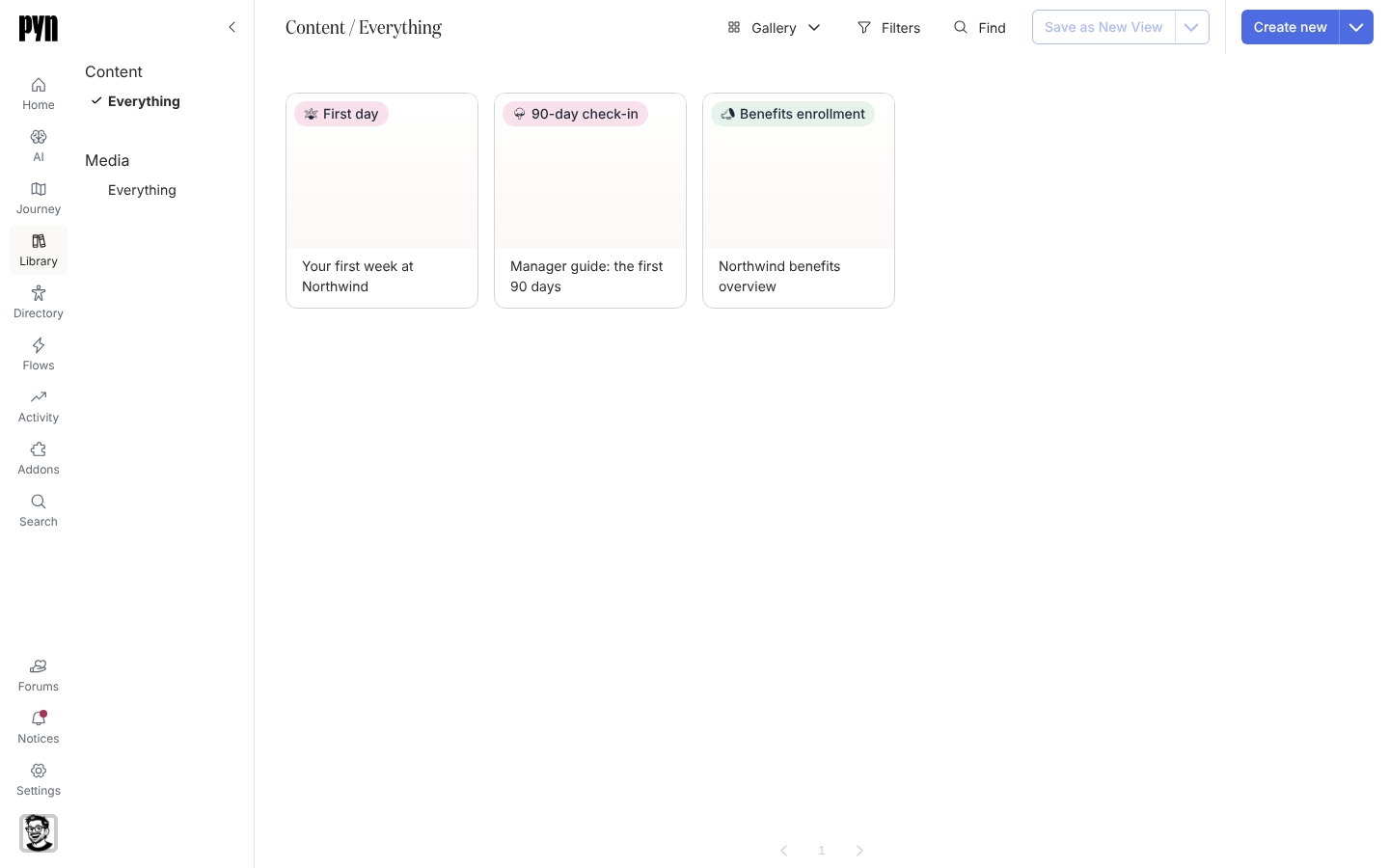 The Library's Content view: a gallery of content cards (Your first week at Northwind, Northwind benefits overview, Manager guide: the first 90 days) with Create new at the top right and the Media section below Content in the left rail.