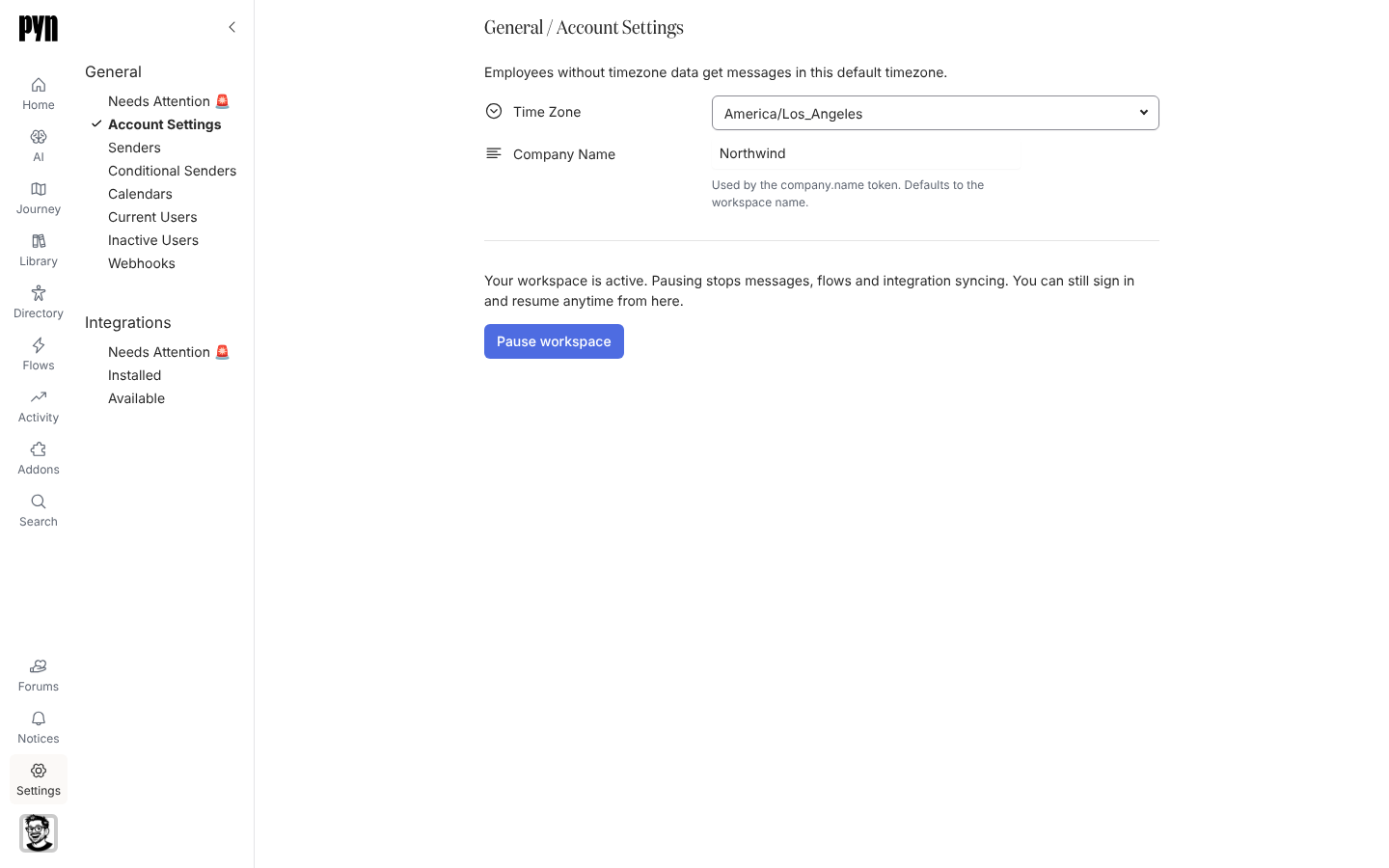 The Account Settings page with the time zone and company name fields and a Pause workspace button.