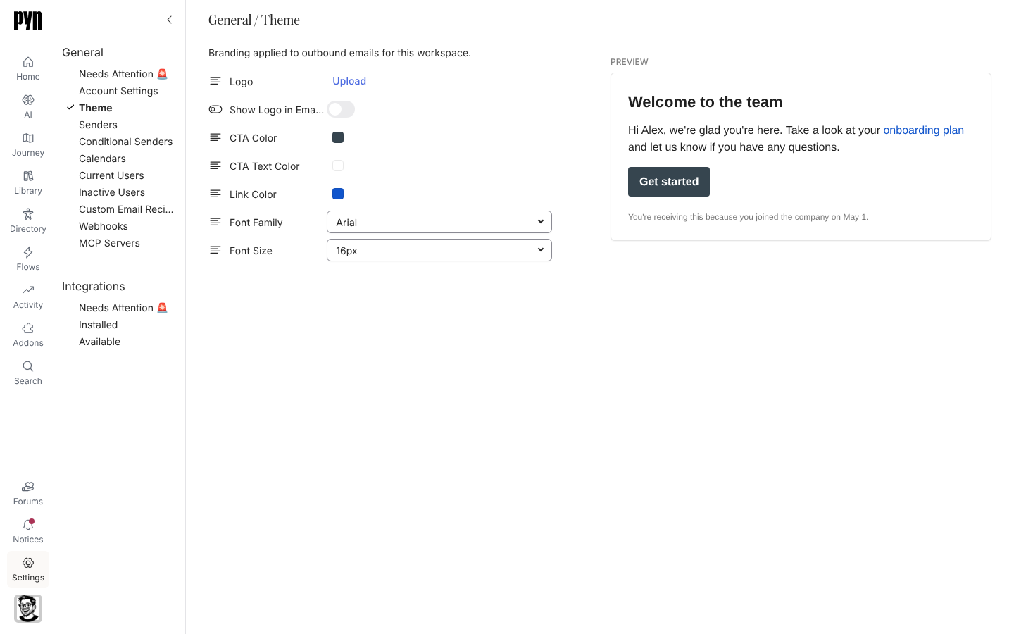 The Theme page with the logo, colour and font controls on the left and a preview email on the right.