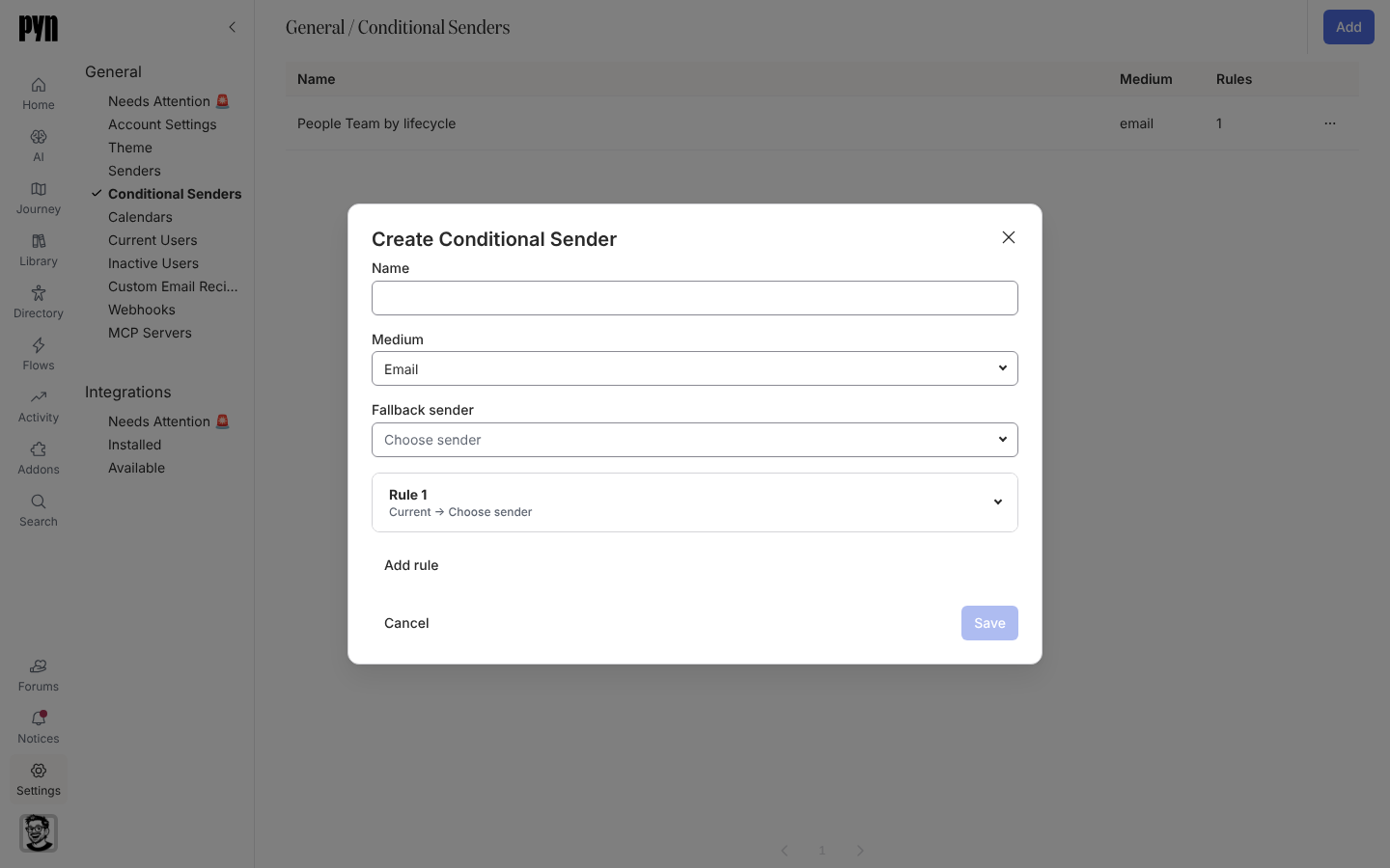 The Create Conditional Sender dialog with Name, Medium, Fallback sender and a first rule.