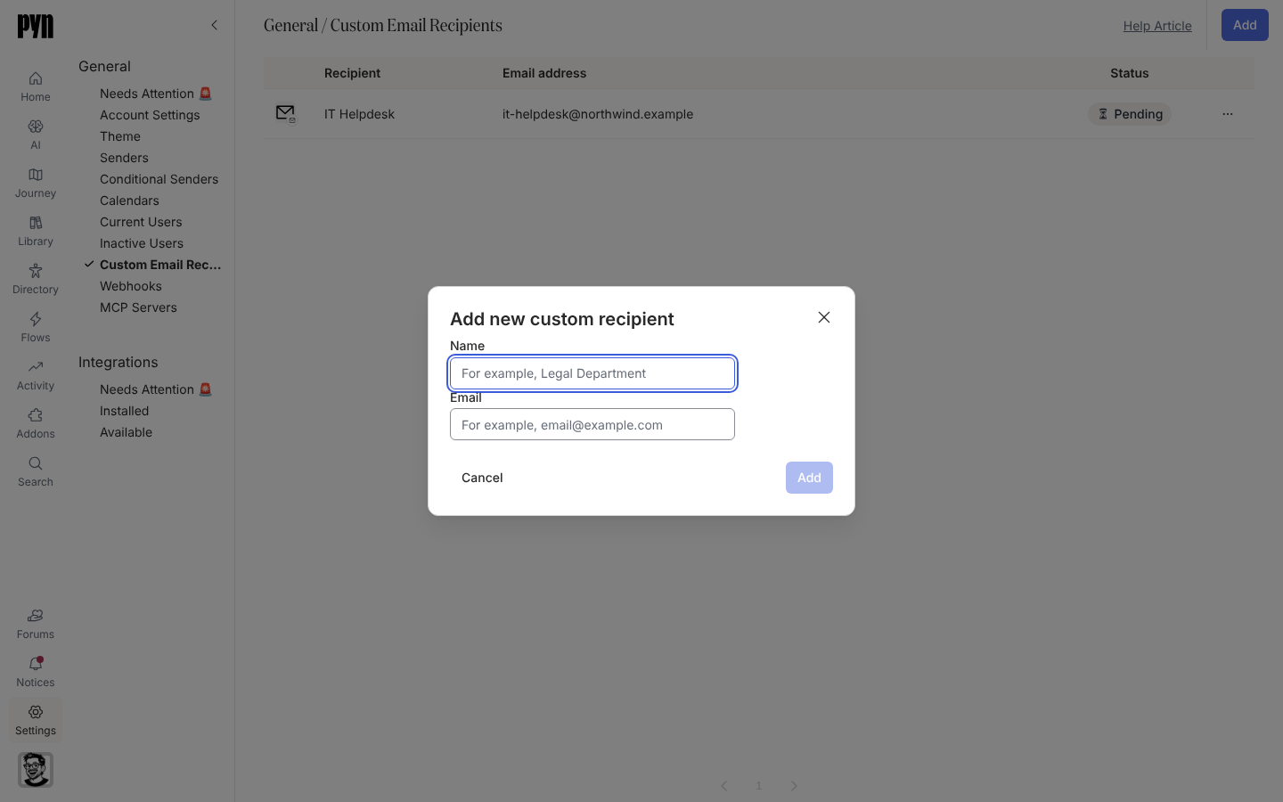 The Add new custom recipient dialog with Name and Email fields.