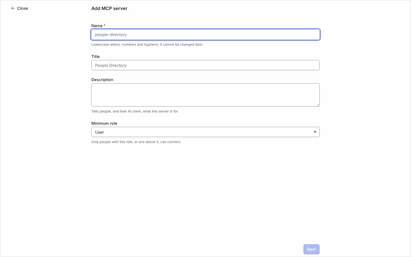The Add MCP server page with Name, Title, Description and Minimum role fields.