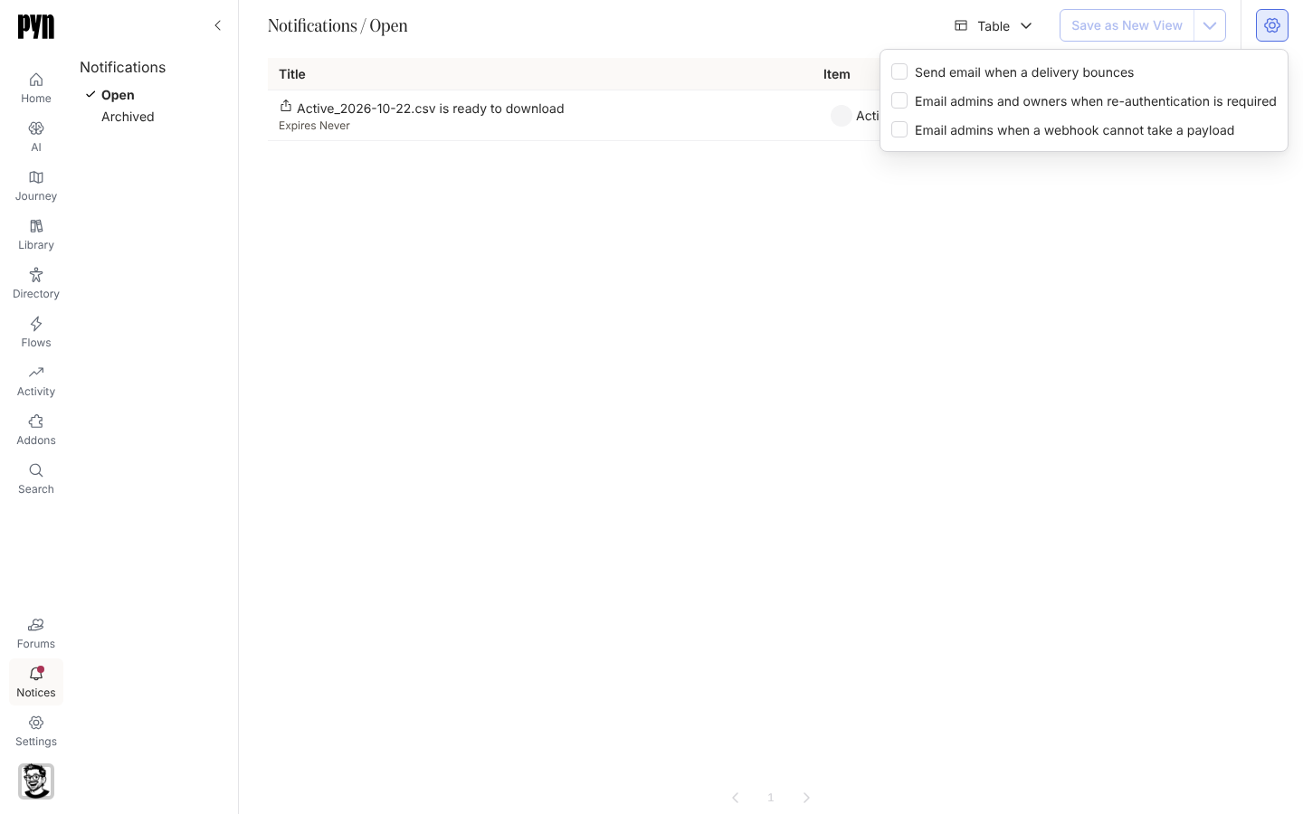 The Notices view with the Settings popover open, showing the three email checkboxes.