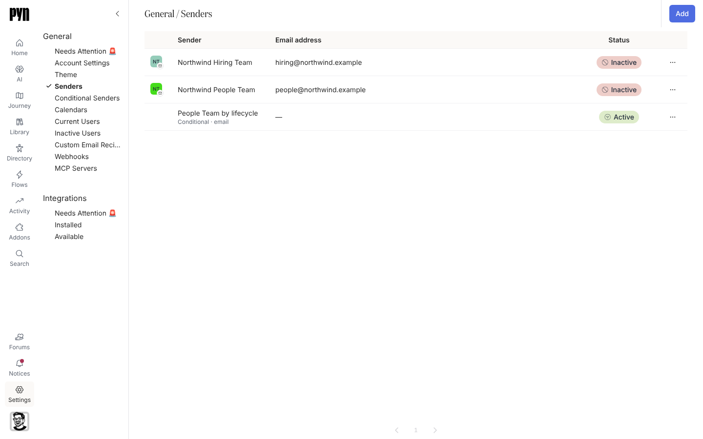 The Senders table listing the Northwind People Team email sender with its status, and the Add button in the top right.