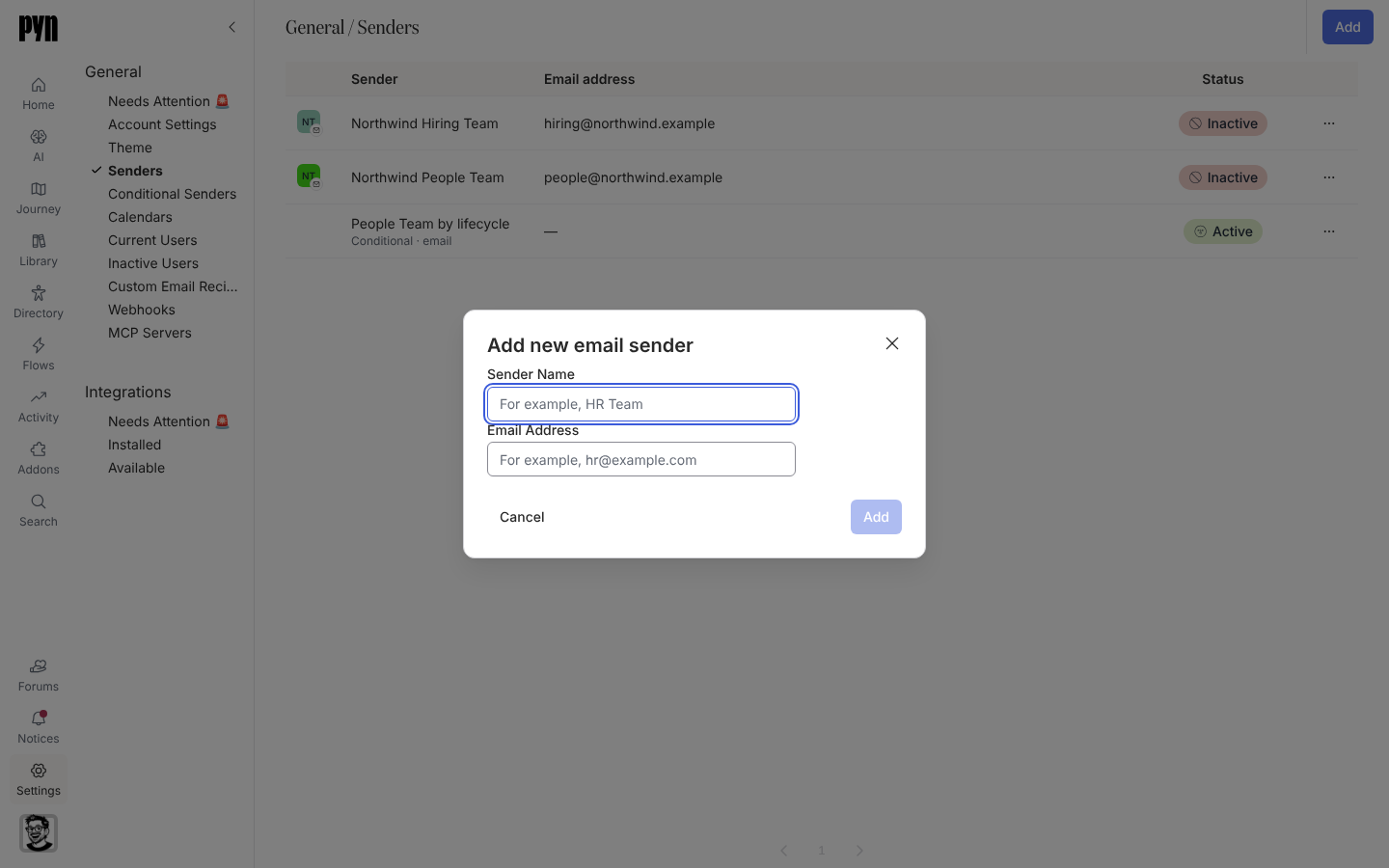 The Add new email sender dialog with empty Sender Name and Email Address fields.