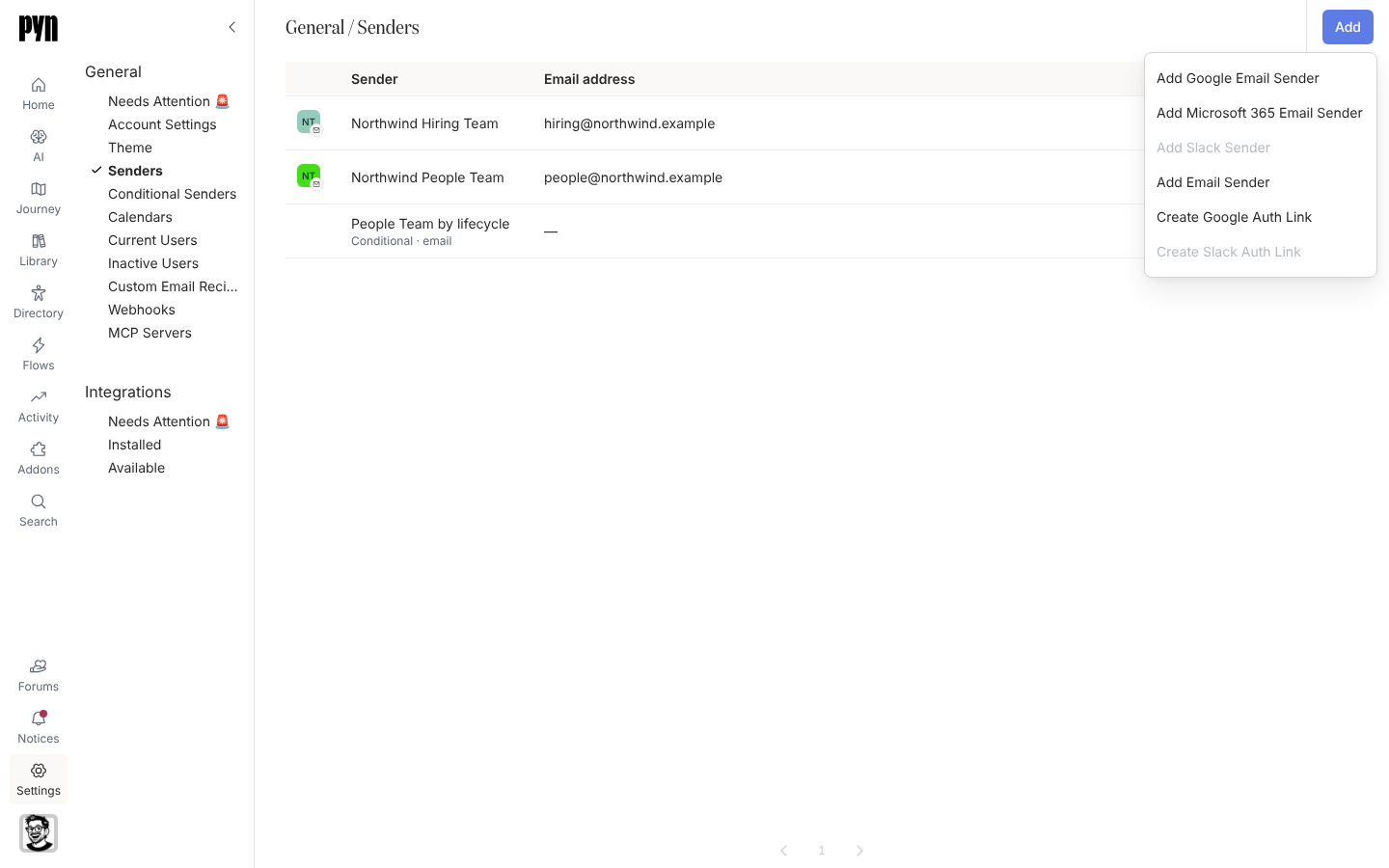 The Add menu on the Senders view, open, listing Add Google Email Sender, Add Slack Sender, Add Email Sender and the auth link options.