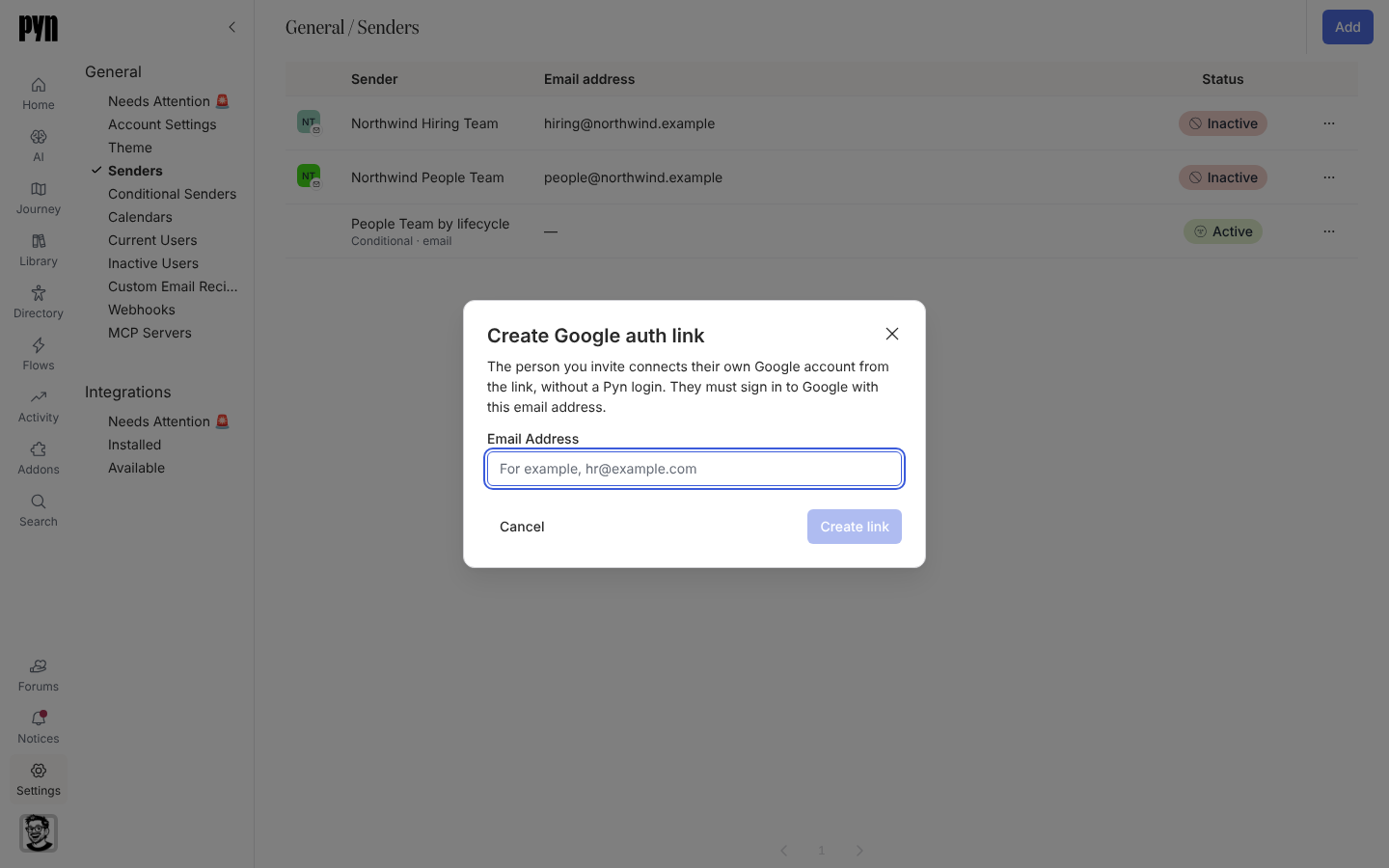 The Create Google auth link dialog explaining that the person connects their own Google account from the link, with an Email Address field.