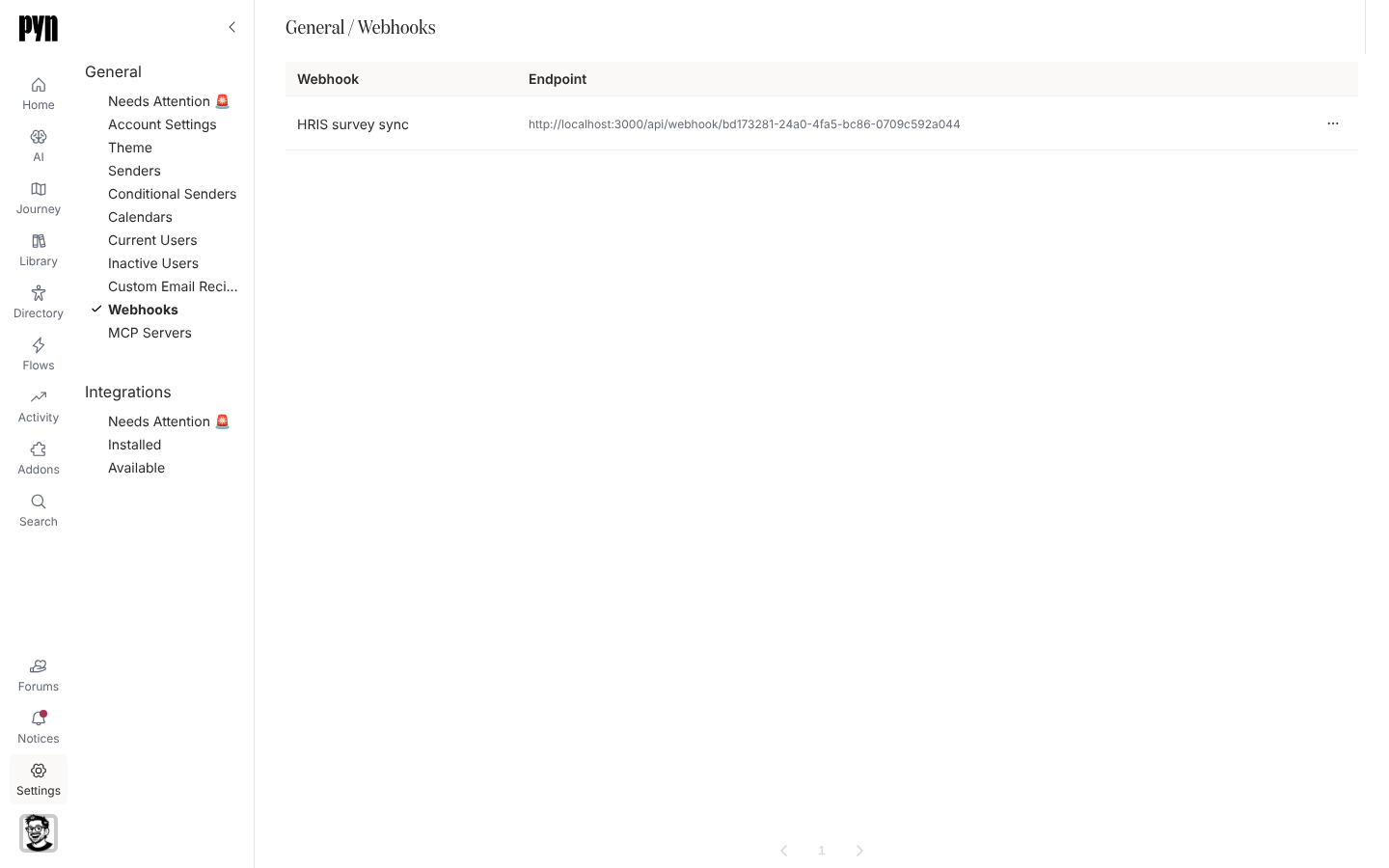 The Webhooks view in Settings, listing the workspace's inbound webhooks.